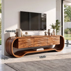 Sculptural Ribbon-Frame Solid Wood TV Console with Wave-Carved Doors