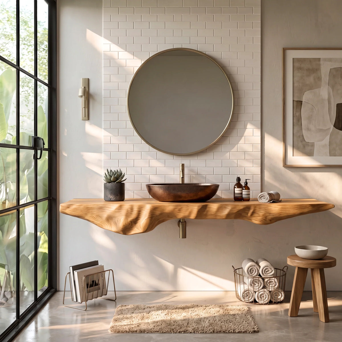 Solid Wood Floating Bathroom Vanity Shelf with Organic Carved Edge – Modern Natural Wood Wall Shelf