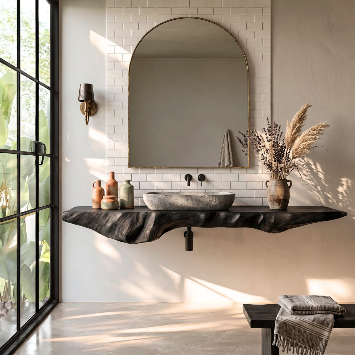 Solid Wood Floating Bathroom Vanity Shelf with Organic Carved Edge – Modern Natural Wood Wall Shelf