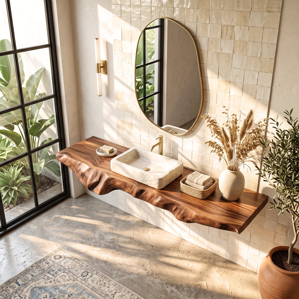 Solid Wood Floating Bathroom Vanity Shelf with Organic Carved Edge – Modern Natural Wood Wall Shelf