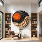 Solid Wood Wall Art with Sculptural Wave and Sun Design for Living Room Decor