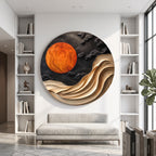 Solid Wood Wall Art with Sculptural Wave and Sun Design for Living Room Decor