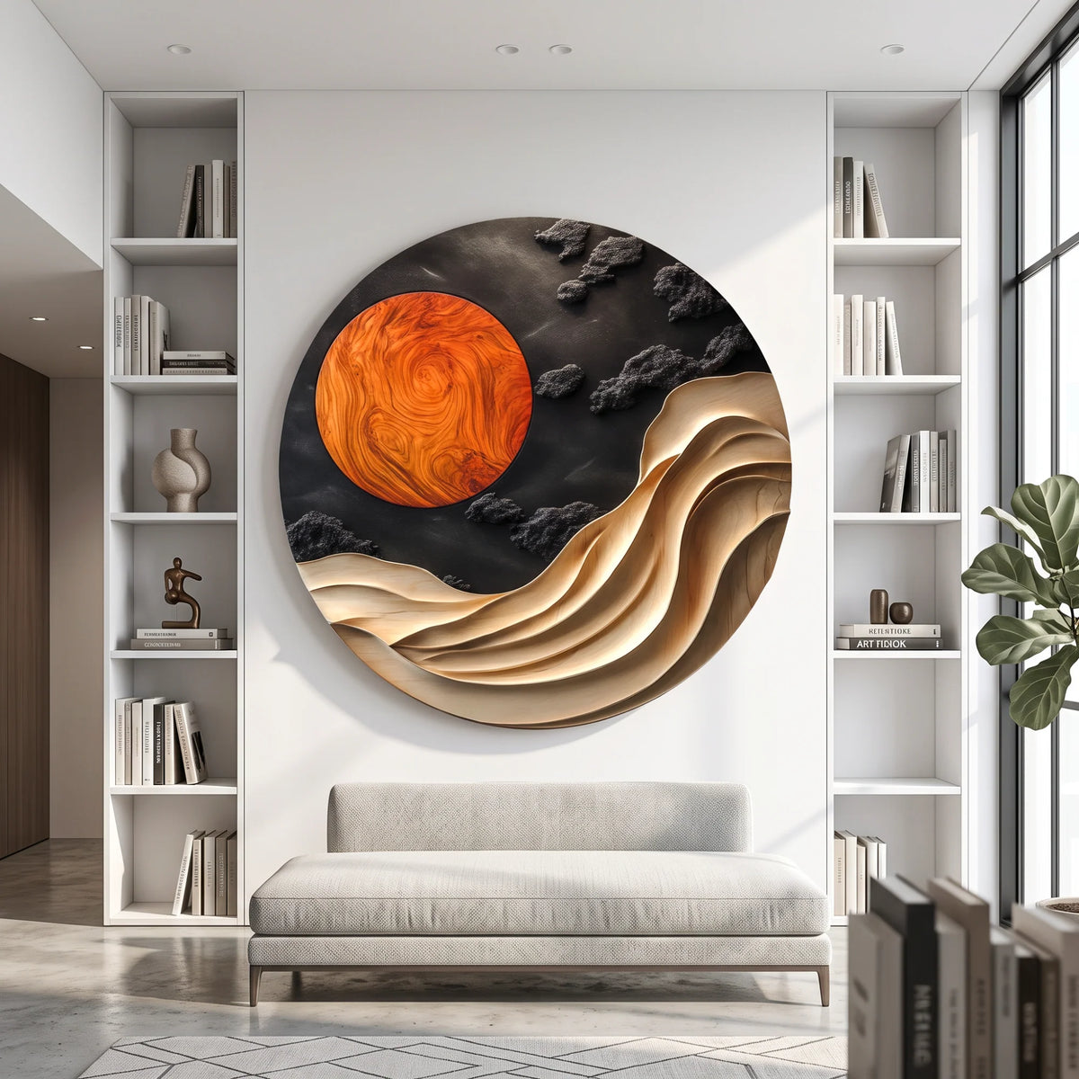 Solid Wood Wall Art with Sculptural Wave and Sun Design for Living Room Decor