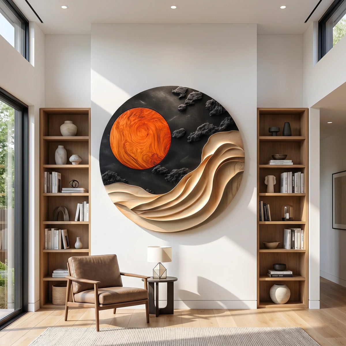Solid Wood Wall Art with Sculptural Wave and Sun Design for Living Room Decor