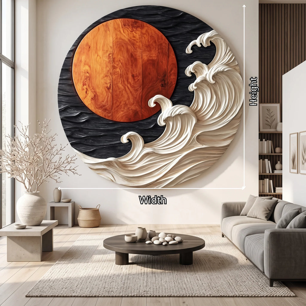 Round Solid Wood Wall Art with Sculptural Ocean Waves and Rising Sun