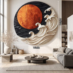 Round Solid Wood Wall Art with Sculptural Ocean Waves and Rising Sun