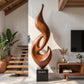 Tall Abstract Flame Sculpture in Solid Wood with Plinth Base – Modern Luxury Floor Décor