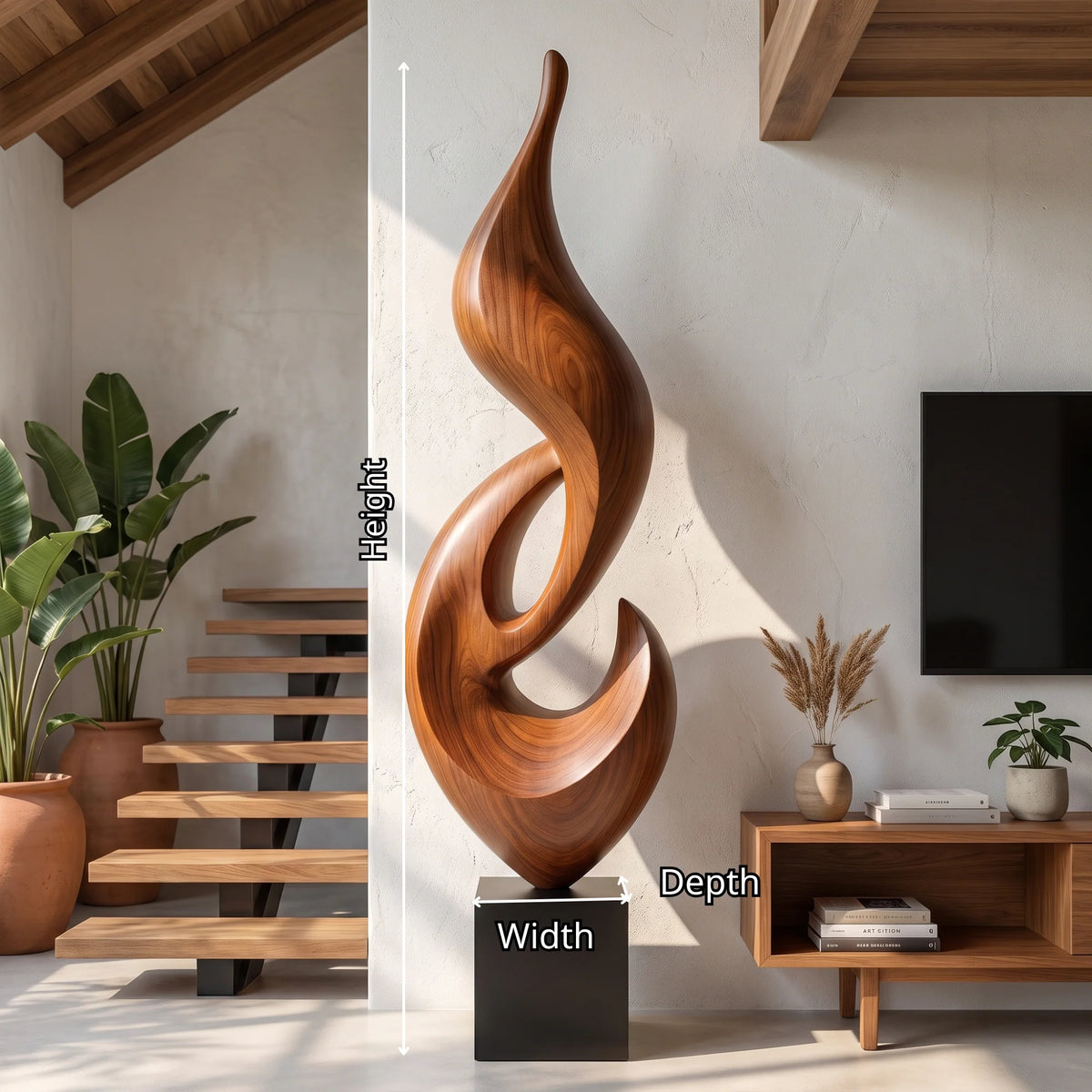 Tall Abstract Flame Sculpture in Solid Wood with Plinth Base – Modern Luxury Floor Décor