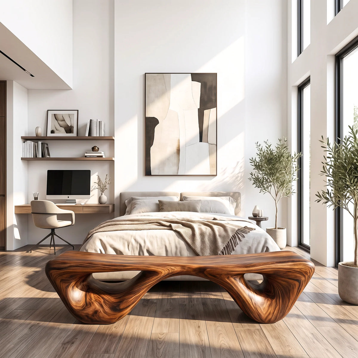 Sculptural Solid Wood Bench with Waterfall Base and Organic Flowing Seat