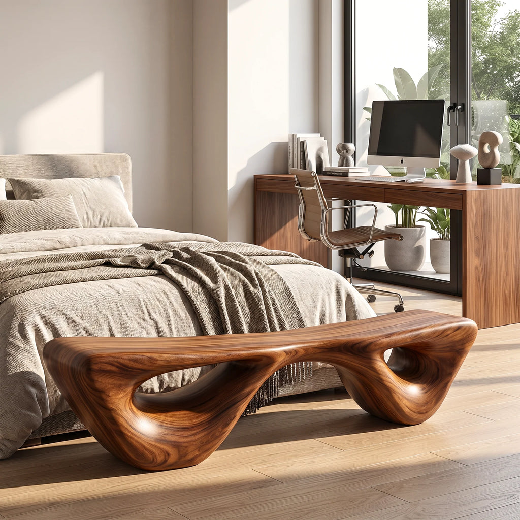 Sculptural Solid Wood Bench with Waterfall Base and Organic Flowing Seat