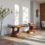 Sculptural Solid Wood Bench with Pedestal Base and Organic Live Edge Seat
