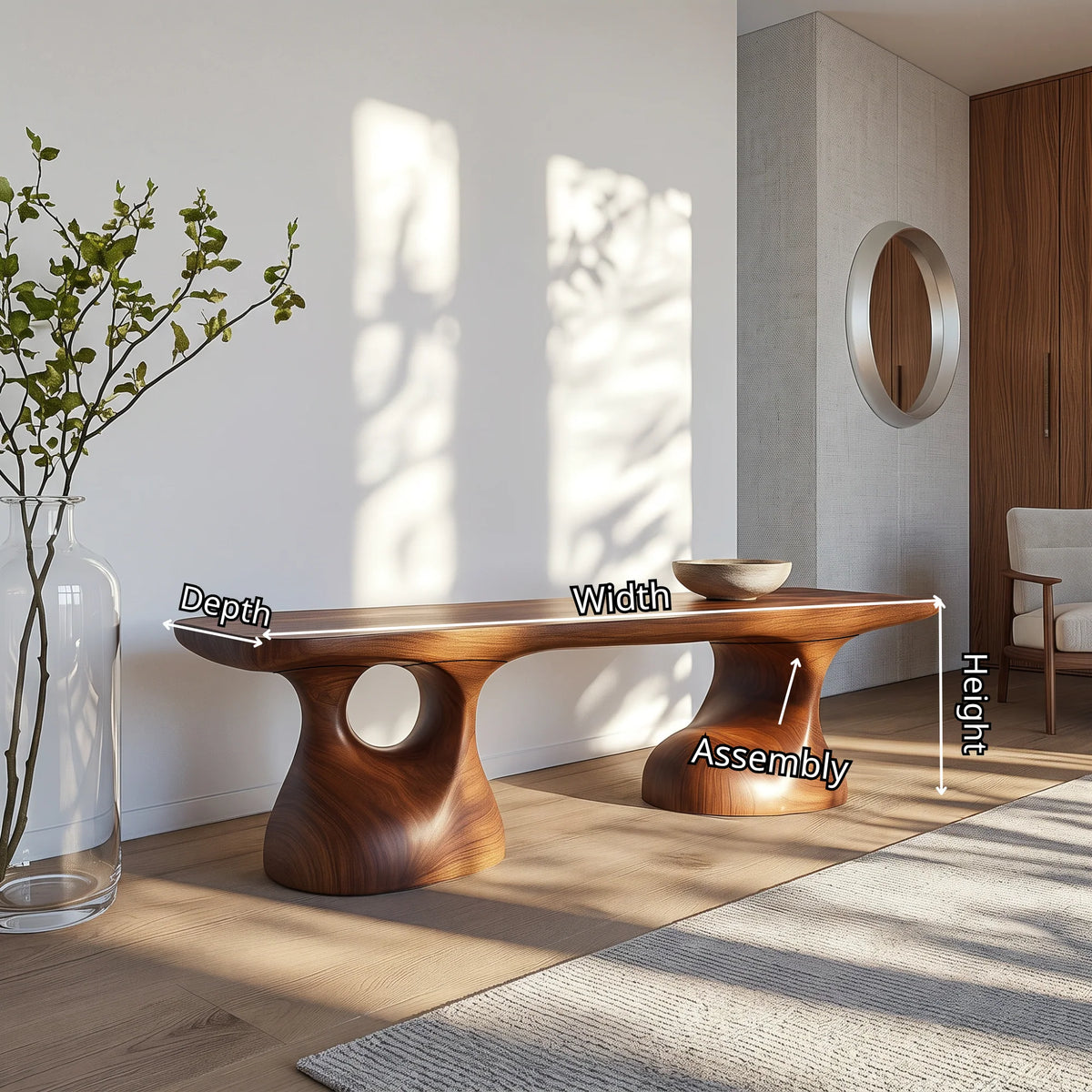 Sculptural Solid Wood Bench with Pedestal Base and Organic Live Edge Seat