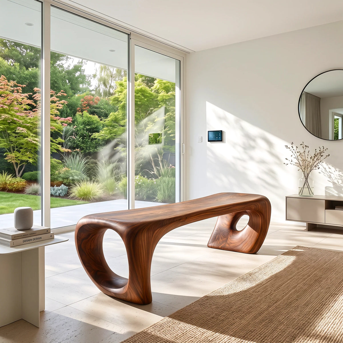 Sculptural Solid Wood Bench with Loop-Inspired Base and Organic Live Edge Seat