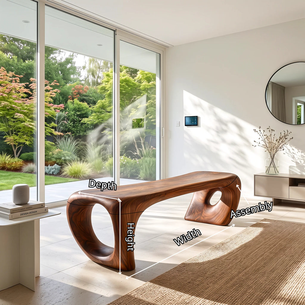 Sculptural Solid Wood Bench with Loop-Inspired Base and Organic Live Edge Seat