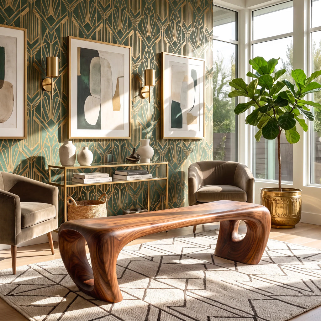 Sculptural Solid Wood Bench with Loop-Inspired Base and Organic Live Edge Seat