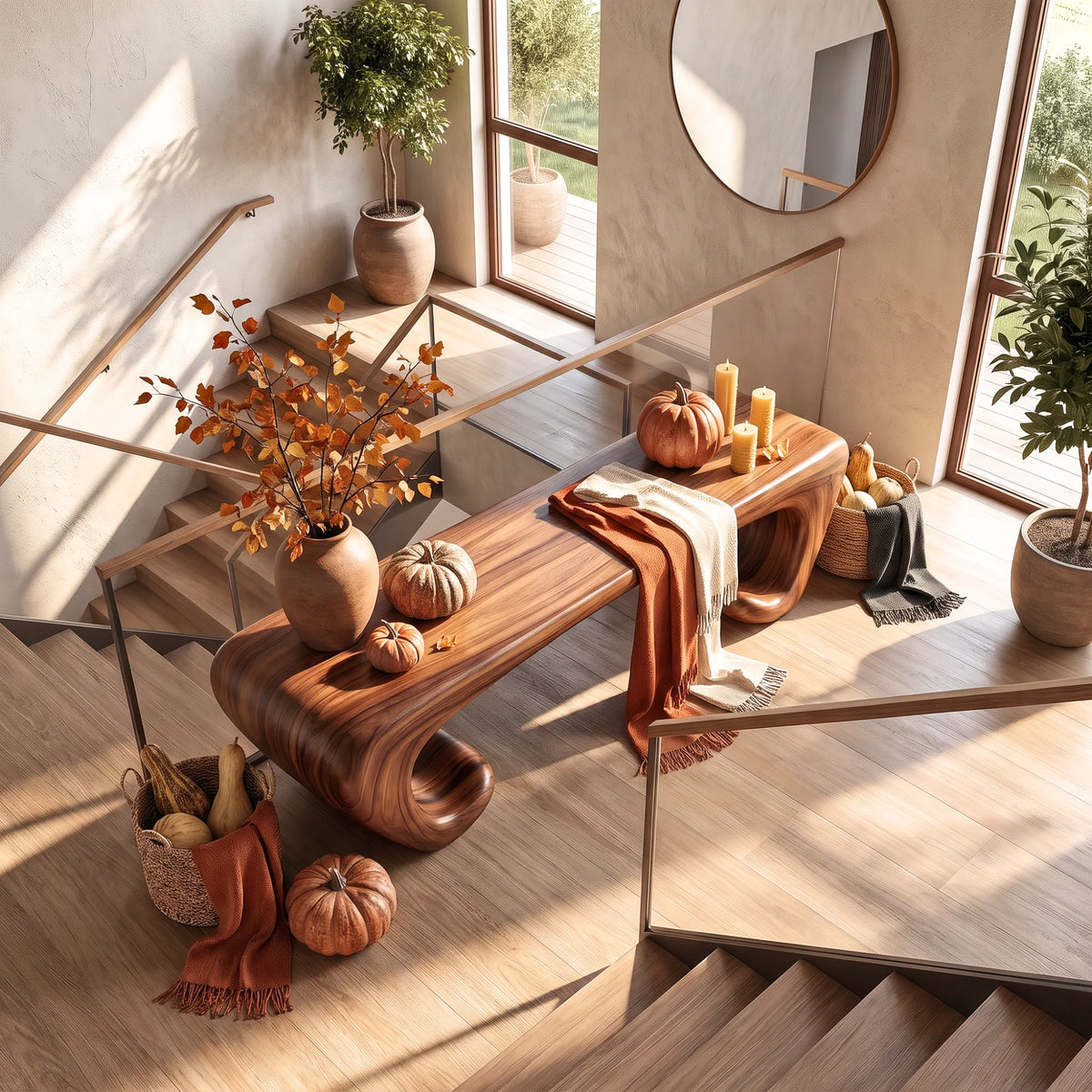 Sculptural Solid Wood Bench with Scroll Base and Flowing Organic Seat
