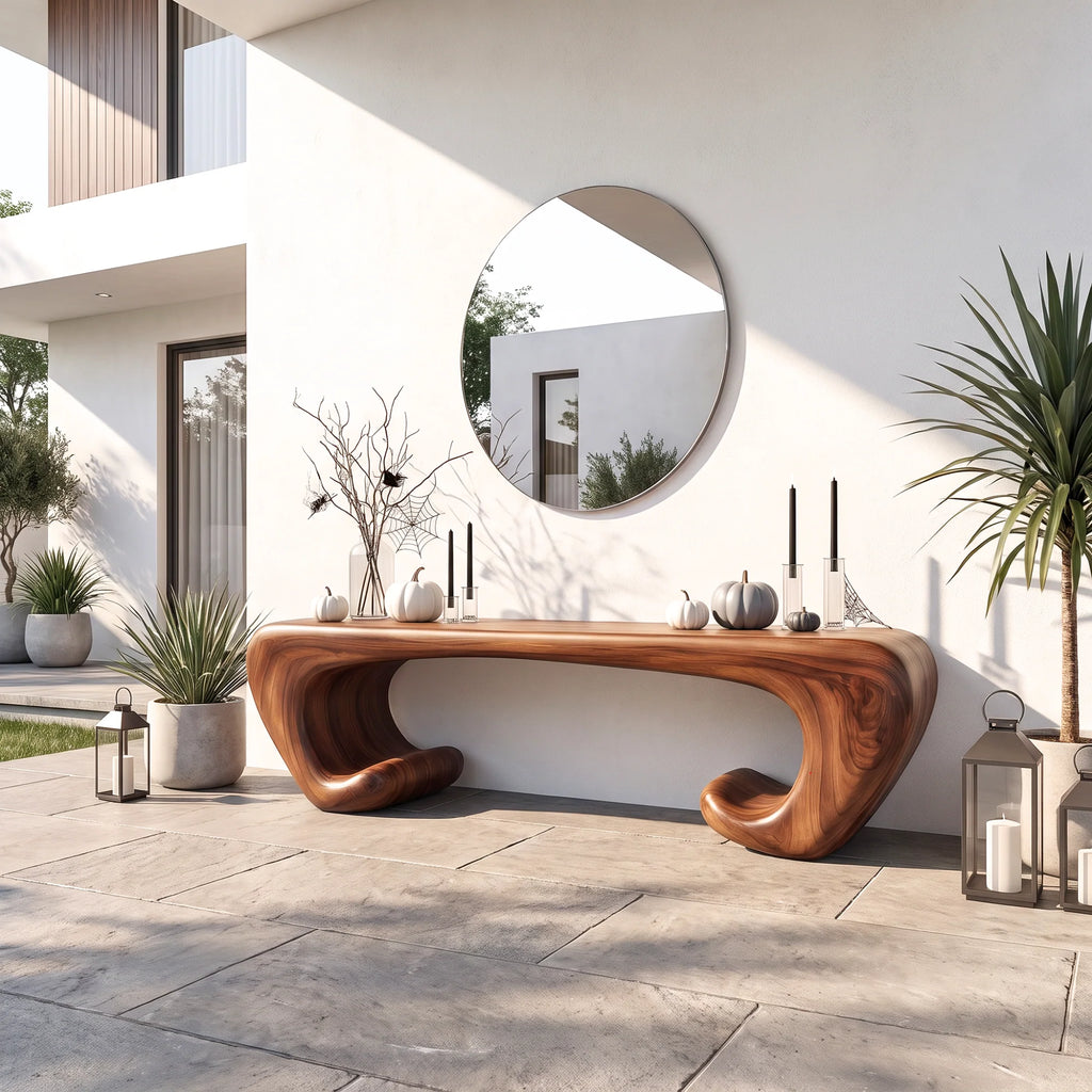 Sculptural Solid Wood Bench with Scroll Base and Flowing Organic Seat