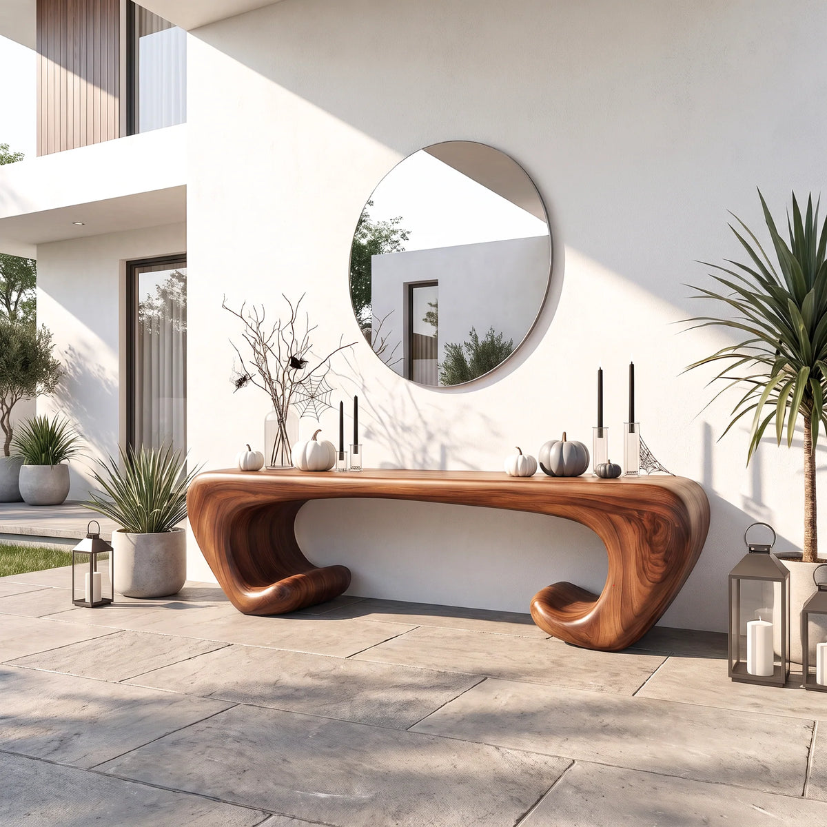 Sculptural Solid Wood Bench with Scroll Base and Flowing Organic Seat