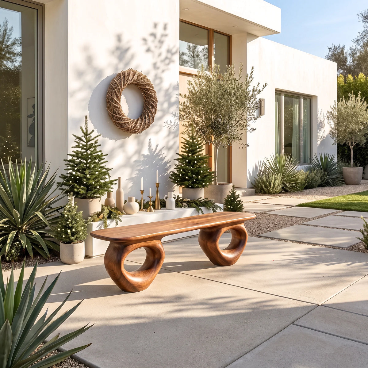 Organic Loop – Solid Wood Bench with Sculptural Ring Base and Live Edge Seat