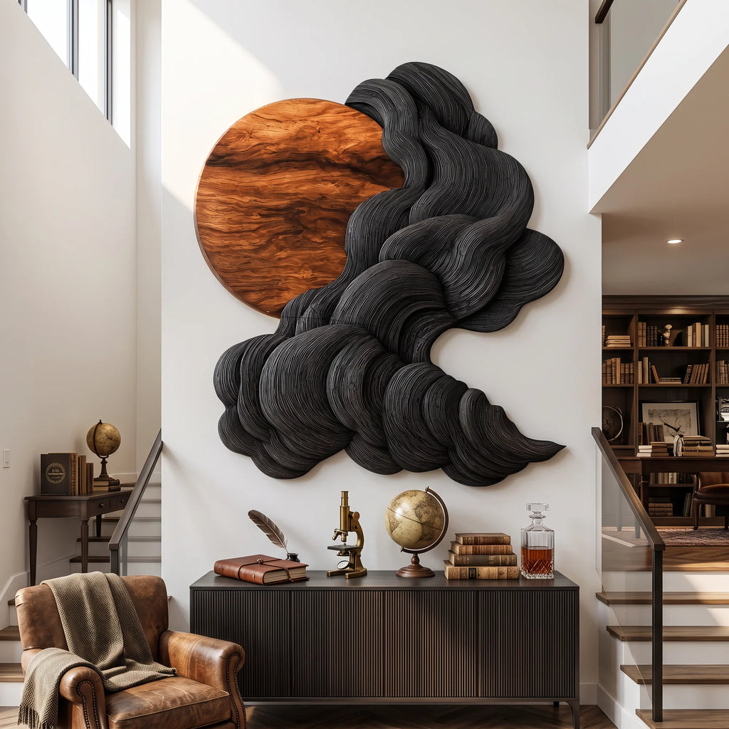 Solid Wood Wall Sculpture with Black Flowing Cloud Layers and Natural Wood Sun