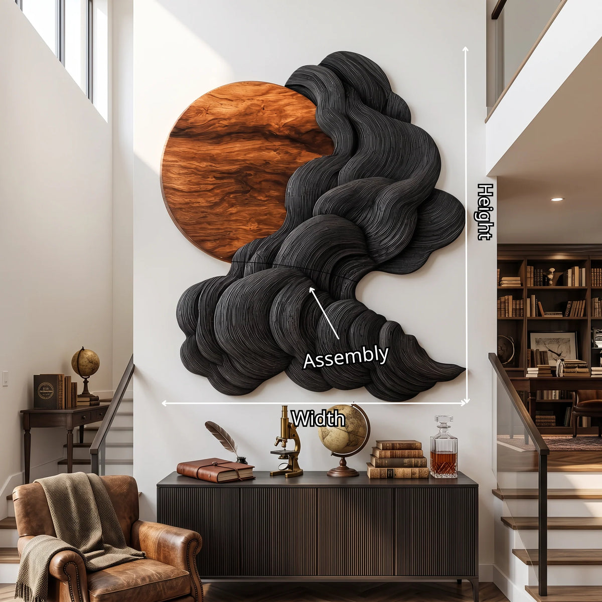 Solid Wood Wall Sculpture with Black Flowing Cloud Layers and Natural Wood Sun