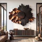 Radiant Black Sun Solid Wood Wall Sculpture with Flowing Organic Wave Design