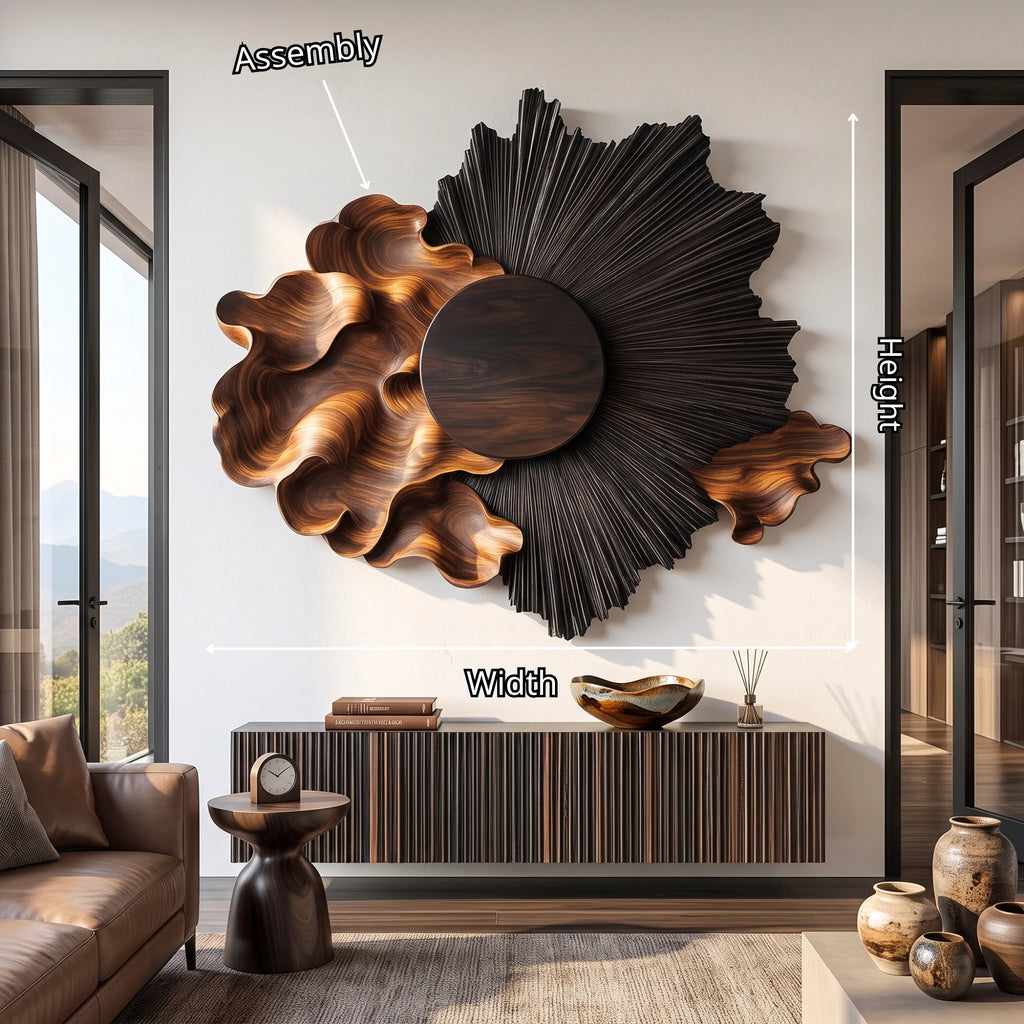 Radiant Black Sun Solid Wood Wall Sculpture with Flowing Organic Wave Design