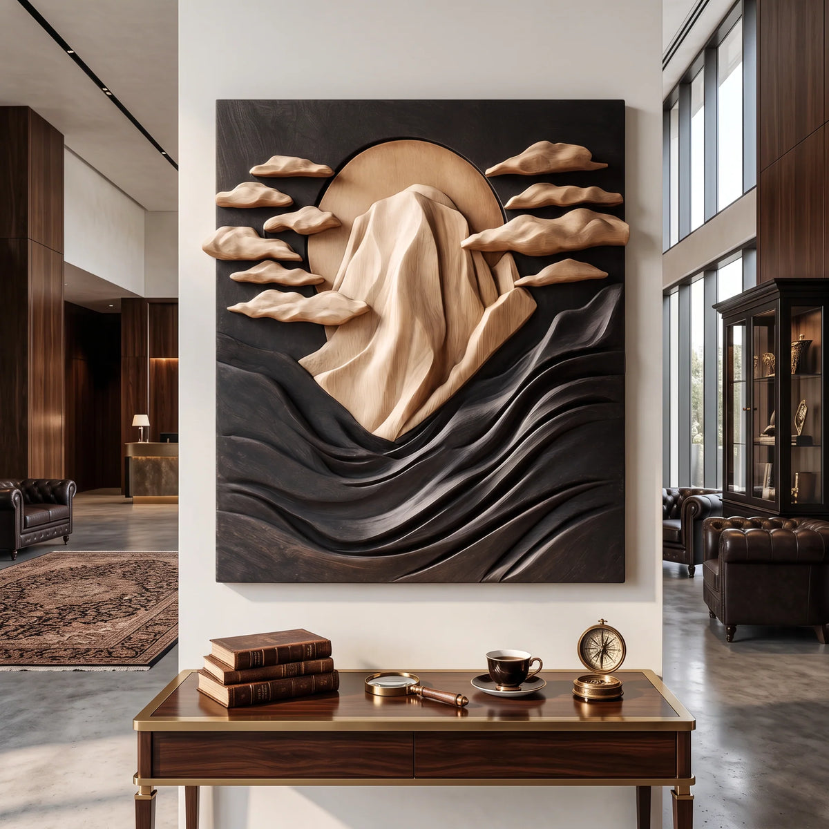 Solid Wood Wall Sculpture with Mountain Peak, Rising Sun and Flowing Wave Relief