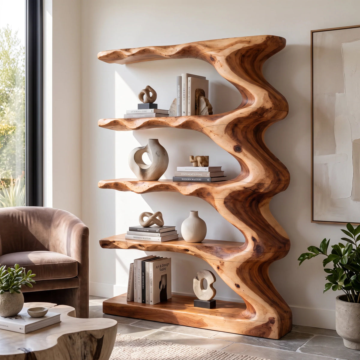 Wave Harmony – Organic Solid Wood Bookcase with Flowing Wave Shelves