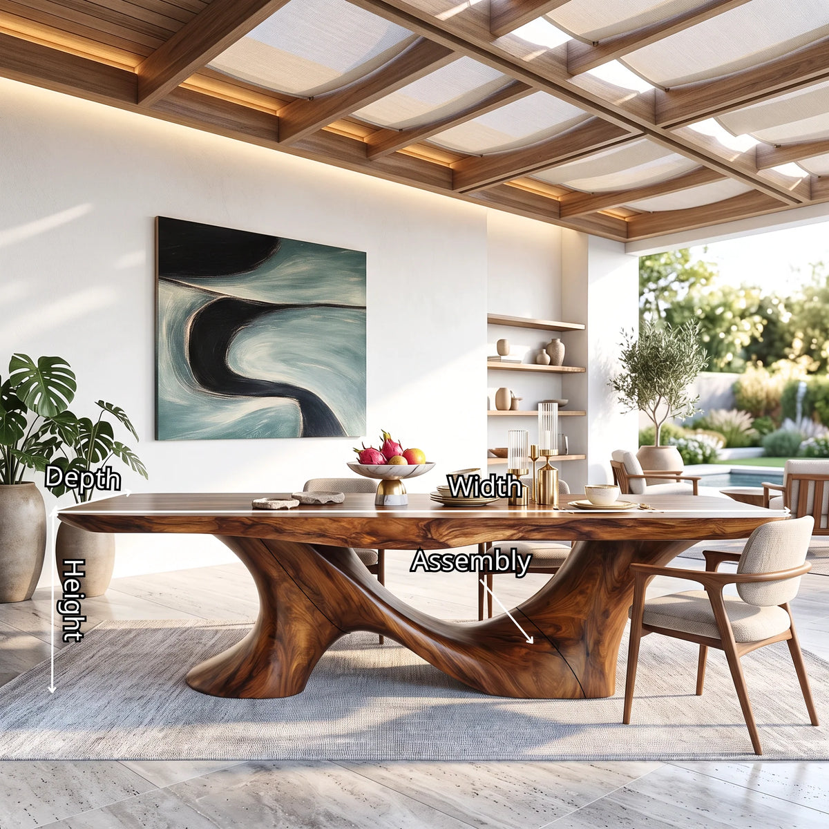Organic Solid Wood Dining Table with Sculptural Twin-Curve Base