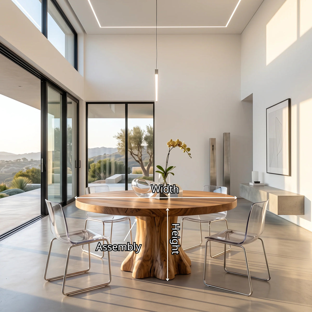 Round Solid Wood Dining Table with Sculptural Flared Pedestal Base