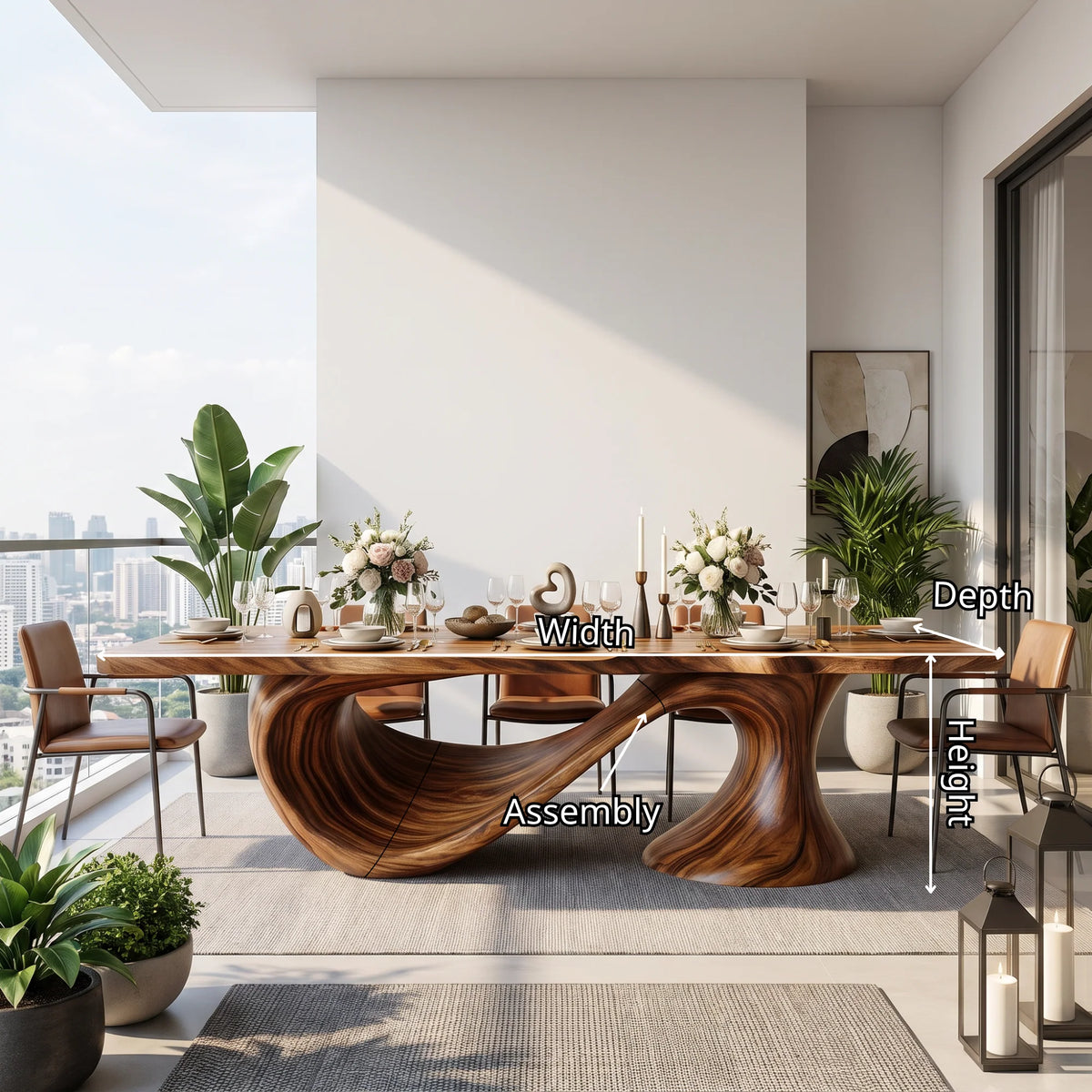 Modern Solid Wood Dining Table with Sculptural Sweeping Arc Base
