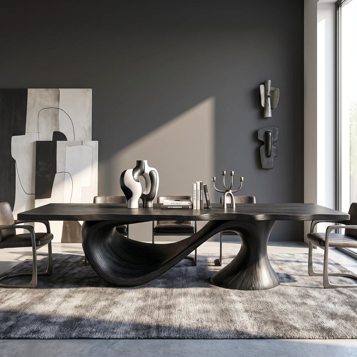 Modern Solid Wood Dining Table with Sculptural Sweeping Arc Base
