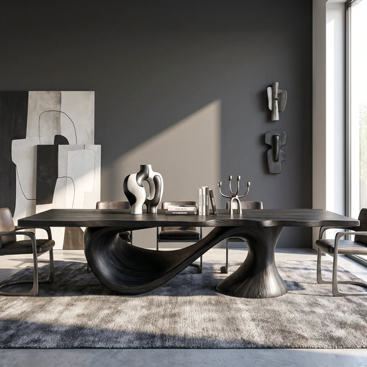 Modern Solid Wood Dining Table with Sculptural Sweeping Arc Base