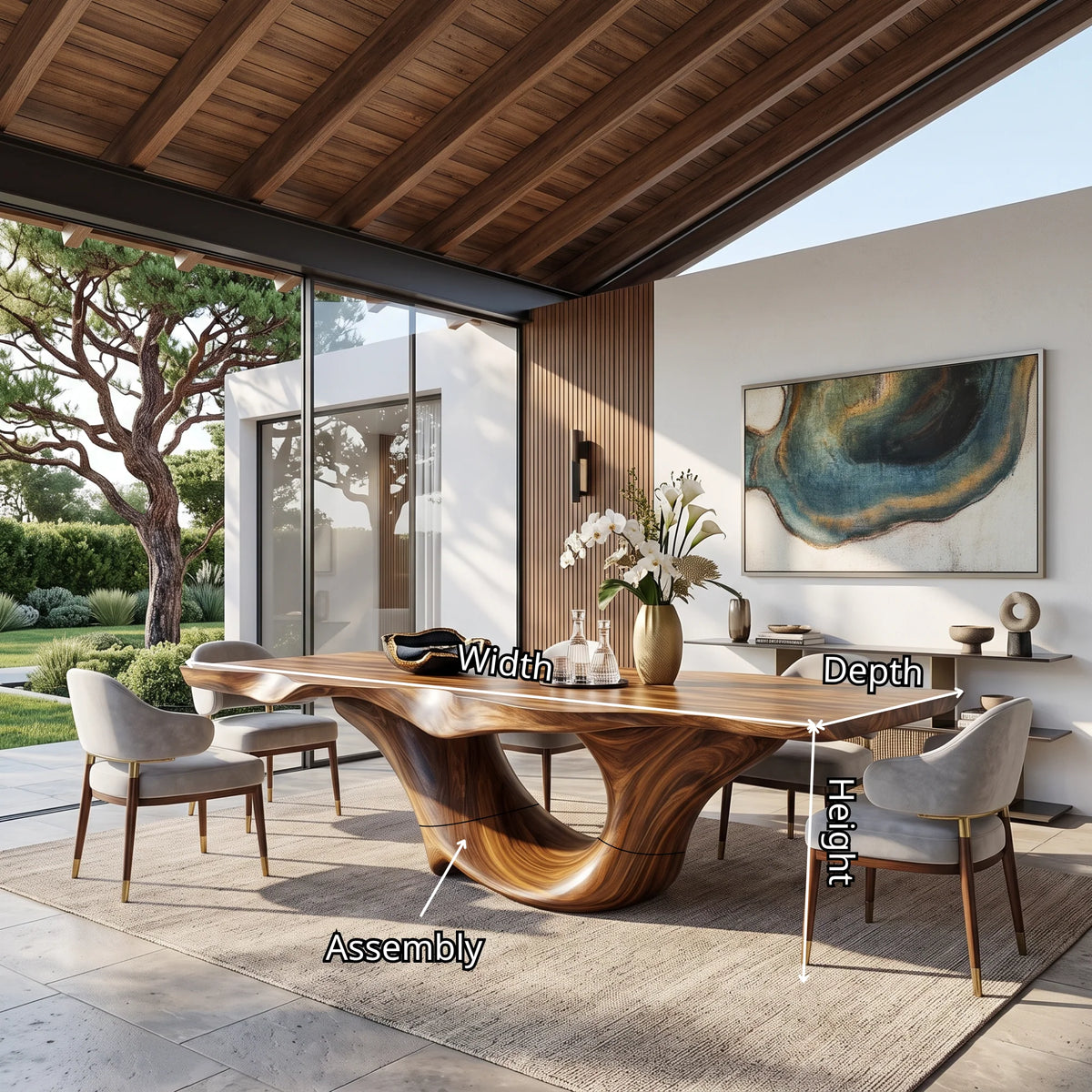 Organic Solid Wood Dining Table with Sculptural Canyon Base
