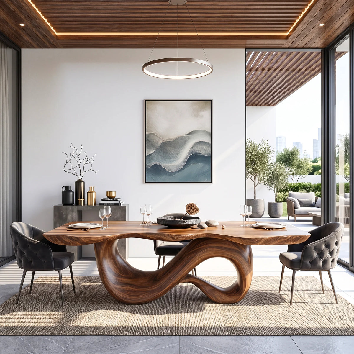Modern Solid Wood Dining Table with Sculptural Double Loop Base