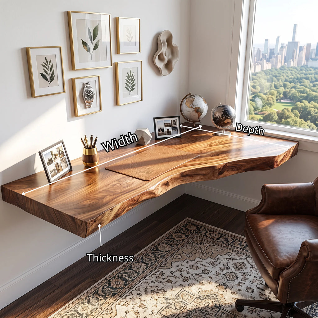 Floating Solid Wood Corner Desk with Live Edge Top – Organic Wall-Mounted Workspace Design