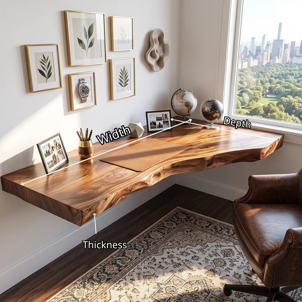 Floating Solid Wood Corner Desk with Live Edge Top – Organic Wall-Mounted Workspace Design