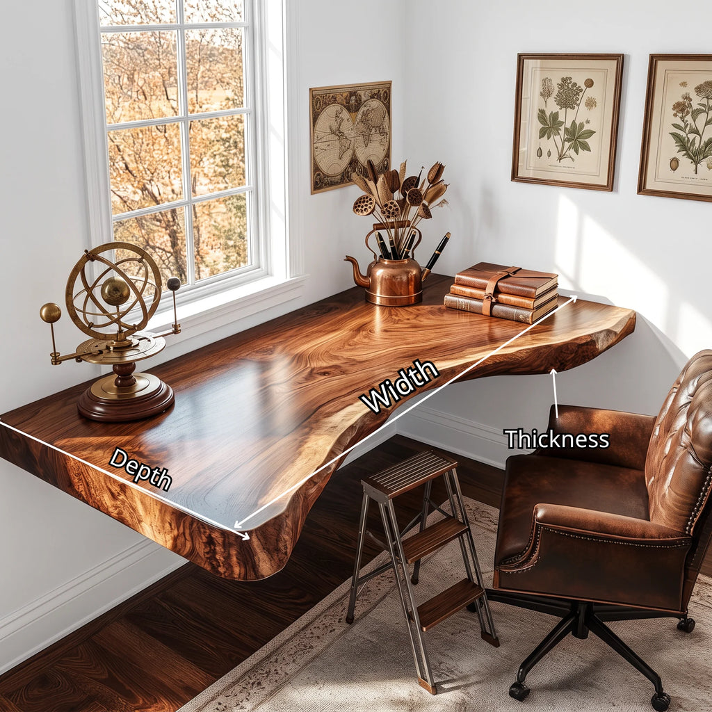 Floating Solid Wood Corner Desk with Curved Live Edge – Natural Slab Design for Modern Home Office