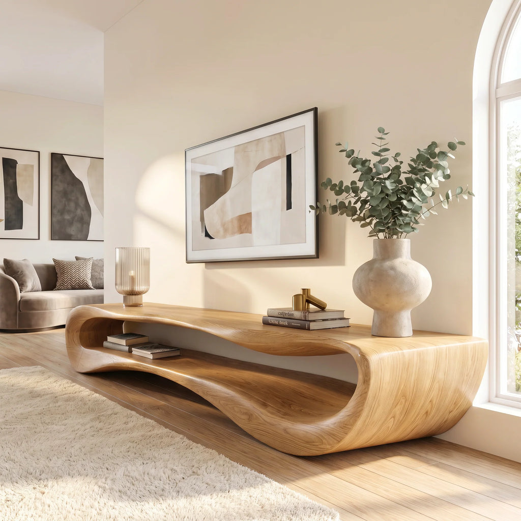 Curved Solid Wood TV Stand with Open Display Shelves