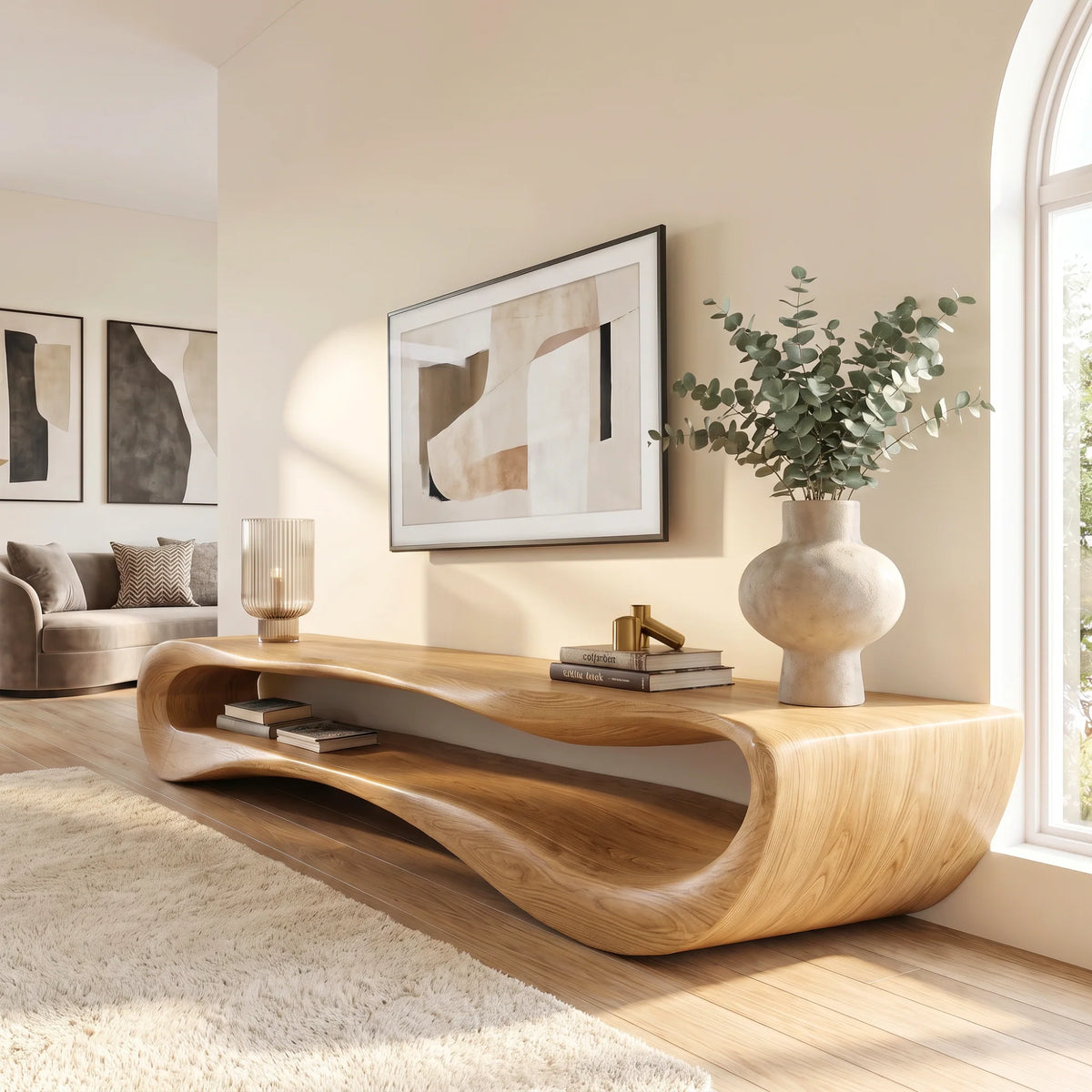 Curved Solid Wood TV Stand with Open Display Shelves