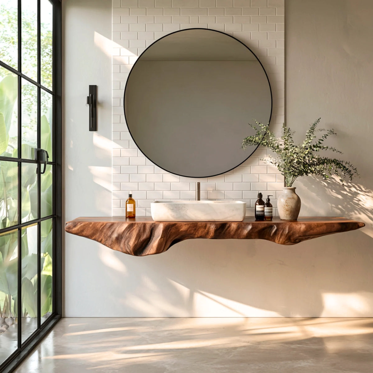 Solid Wood Floating Bathroom Vanity Shelf with Organic Carved Edge – Modern Natural Wood Wall Shelf