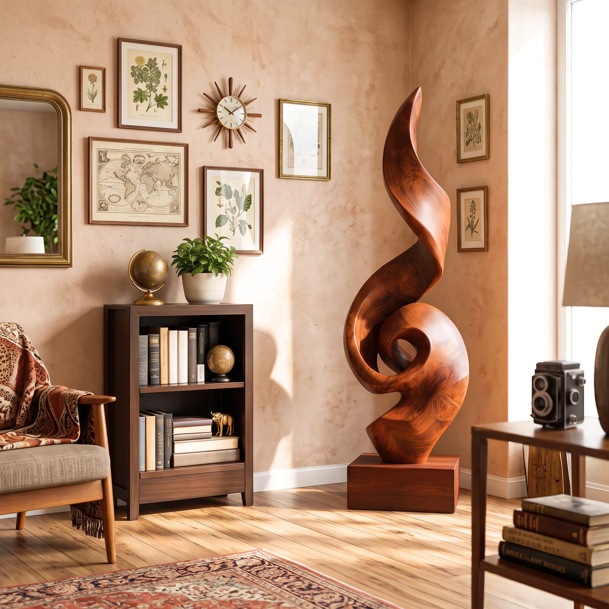 Tall Solid Wood Spiral Flame Sculpture with Plinth – Modern Decorative Accent for Contemporary Interiors