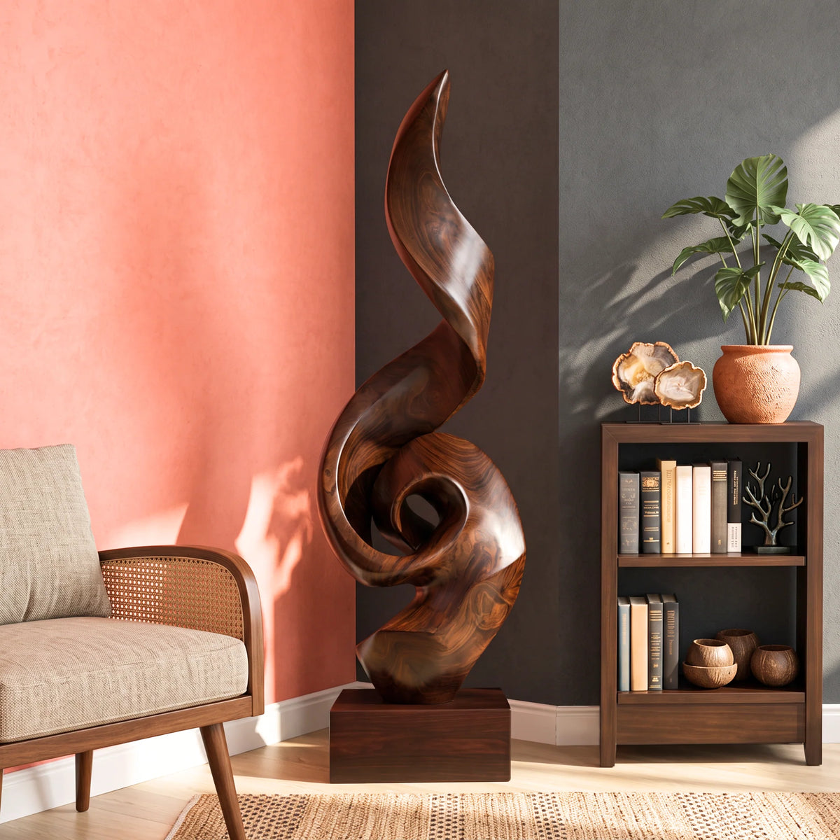 Tall Solid Wood Spiral Flame Sculpture with Plinth – Modern Decorative Accent for Contemporary Interiors