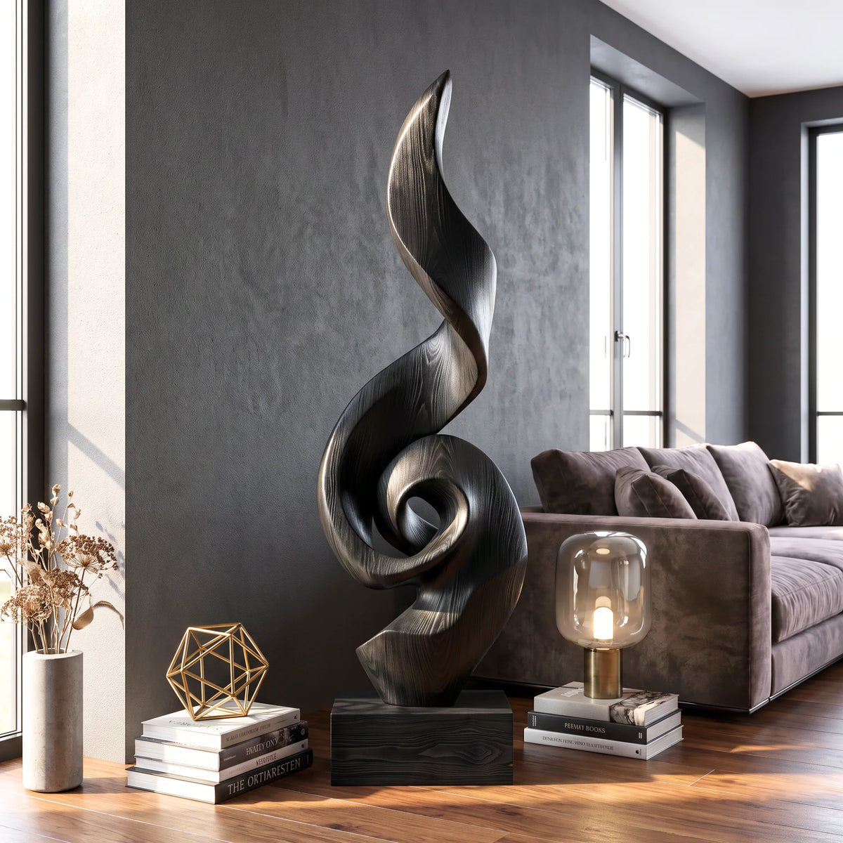 Tall Solid Wood Spiral Flame Sculpture with Plinth – Modern Decorative Accent for Contemporary Interiors