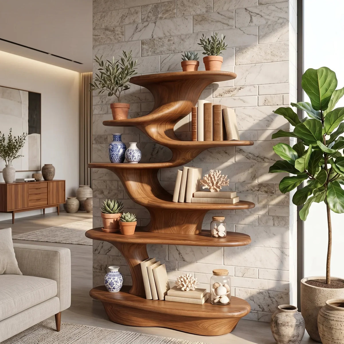Cascade Form – Sculptural Wood Display Shelf with Tiered Platforms