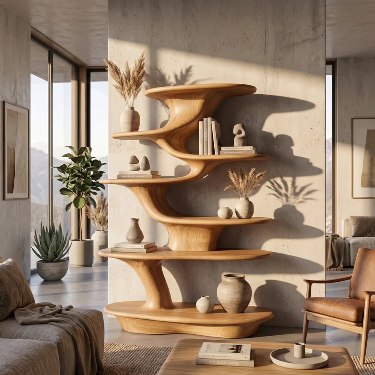 Cascade Form – Sculptural Wood Display Shelf with Tiered Platforms