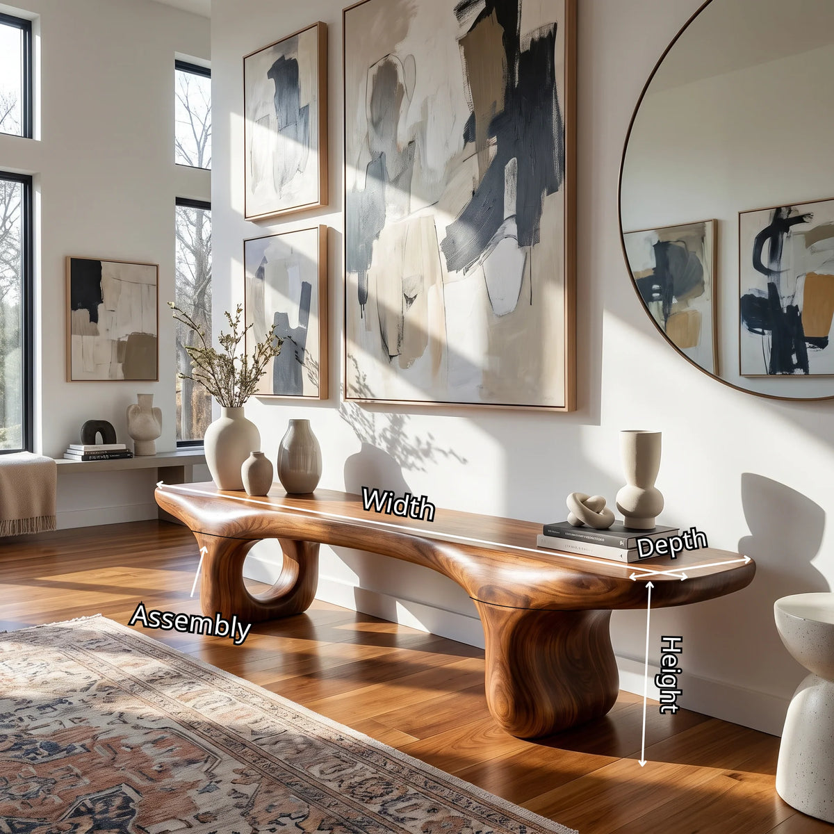 Sculptural Solid Wood Bench with Organic Base and Flowing Live Edge Seat