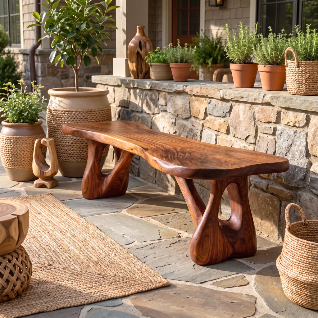 Sculptural Solid Wood Bench with Branch-Inspired Base and Flowing Live Edge Seat