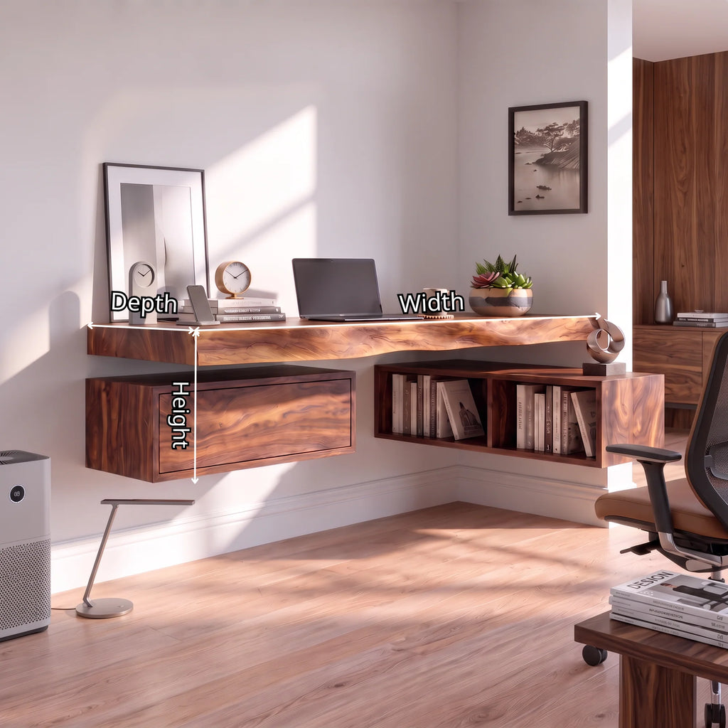 Floating Solid Wood Desk with Drawer and Open Shelf